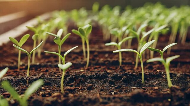 Lots of young green shoots grow out of the soil