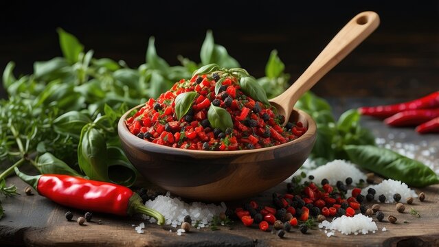 A dark, textured surface features a variety of fresh ingredients arranged artfully.