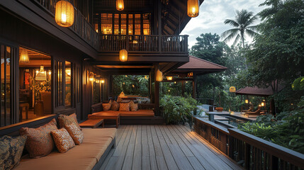 tropical Thai house with wraparound wooden balcony at dusk