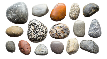 Colorful pebbles arranged on a white background.