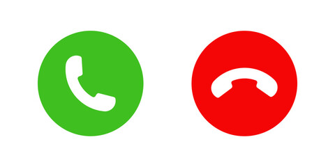 Call accept and decline icon set with green and red buttons featuring phone symbols. Ideal for mobile apps, communication UI, VoIP, chat, call interfaces, and digital interaction designs. Vector