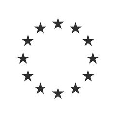 Twelve black stars arranged in a circular shape on white background, simple vector icon representing unity, teamwork, community, or group concept in minimal flat style