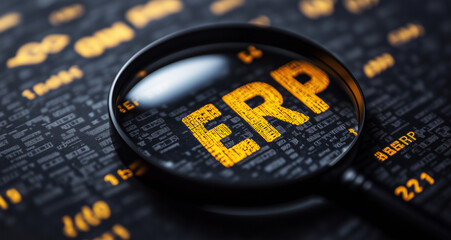Enterprise Resource Planning Concept, Magnifying Glass Focusing on ERP System Code Software Development Data Analysis Concept