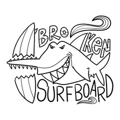 Illustration in black and white of a sawshark breaking a surfboard, coloring page