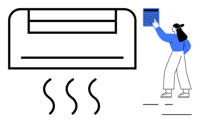 Large wall-mounted air conditioner releasing warm air with visible heat lines. Woman in casual attire uses a remote. Ideal for HVAC, home comfort, technology, energy control, temperature management