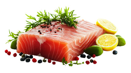 Fresh salmon fillet with herbs and lemon.