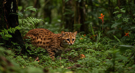 Fototapeta premium Rare Rusty-spotted cat portrait amidst lush foliage of Sri Lankan rainforest