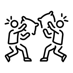Two friends doing a pillow fight, line style icon 
