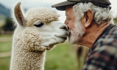 Obraz premium Affectionate elderly man gently kisses a fluffy white alpaca on the nose in a green field.