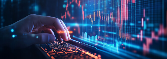 Enterprise Resource Planning Concept, Financial Analyst Working on Laptop Stock Market Data Investment Trading Technology Blue and Red