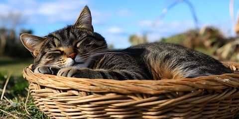 A domestic cat sleeps peacefully in a woven basket outdoors