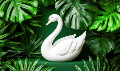 Obraz premium Elegant white swan figurine amidst lush green tropical foliage creates a serene botanical scene.