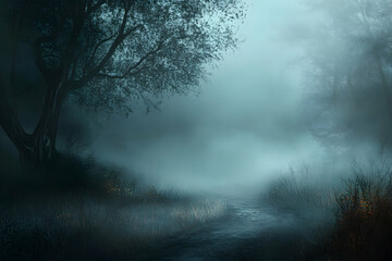 Fototapeta premium Dark foggy forest path with mysterious atmosphere and soft blue tones creating cinematic nature scenery perfect for storytelling, fantasy themes and dramatic landscapes.