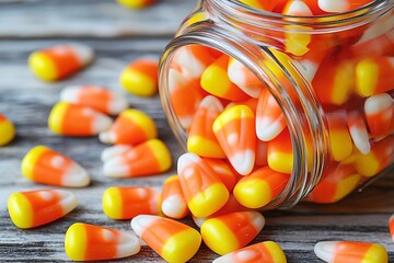 seamless of  Halloween candy corn spilling out of a glass jar , isolated on white background,  , copy space for text,