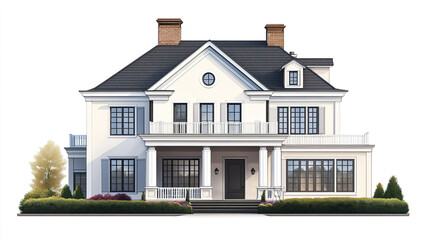 Elegant classic house with white facade and black roof
