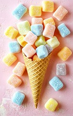 seamless of  Marshmallow candy colorful assortment in an ice cream cone on a pink background viewed from above