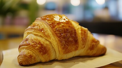 Flaky Croissant on a Piece of Paper, a Simple yet Elegant Presentation for a Classic French Pastry, Ideal for Bakery Display, Food Photography, and Culinary Blogging.