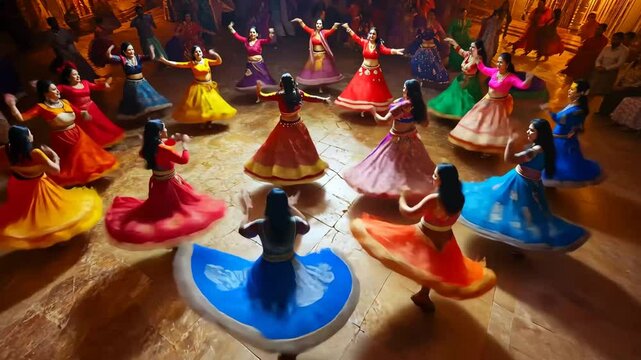 A vibrant group of women dressed in colorful traditional attire performs a mesmerizing folk dance in a circular formation. Their flowing skirts and synchronized movements create a dynamic display 
