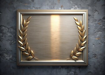 Gilded Laurel Wreath Plaque: A close-up of a decorative plaque with an antique gold finish, framed with a gilded laurel wreath and set against a textured background