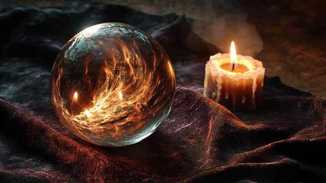 A glowing crystal ball with swirling fiery patterns rests on a dark textured cloth, accompanied by a melting candle casting a warm, flickering light. The scene evokes an aura of mystery, magic