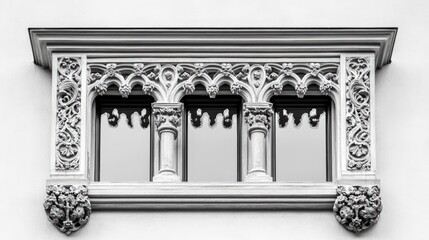 Obraz premium Ornate architectural window with intricate carvings and reflections, set against a plain wall