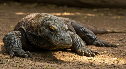 Obraz premium Komodo dragon basking in the shaded ground, showcasing textured skin and strong limbs