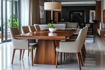Fototapeta premium Mid century Modern Interior Dining Room, interior photograph of a modern dining room with wood-built dining table and pendant lighting. Generative AI 