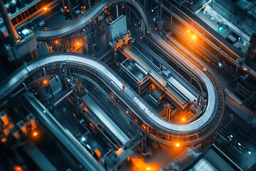 Fototapeta premium A bird’s-eye perspective of a factory conveyor system transporting goods.