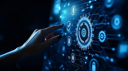 Enterprise Resource Planning Concept, Womans Hand Interacting with Futuristic Technology Interface Digital Transformation System