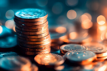 Stacked coins in warm bokeh light symbolize savings, investment, and financial growth, perfect for banking, budget, and money concepts.