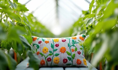 A flower-embroidered pillow nestled amidst greenery evokes a sense of calm and natural beauty in a greenhouse setting.