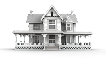 Victorian style house with intricate details on white background