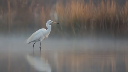 White Egret in Misty Sunrise: Reflection in Calm Water