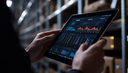 Enterprise Resource Planning Concept, Data Analyst Reviewing Financial Charts on Tablet in Warehouse Setting