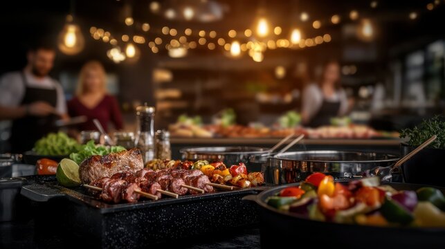 Elegant fine dining table setting with gourmet meat dishes fresh salad and decadent garnishes surrounded by wine glasses candles and a cozy festive ambiance for a special or holiday event