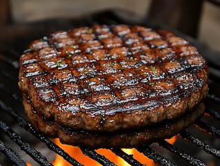 A juicy grilled hamburger patty cooking on a hot barbecue grill
