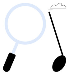Large magnifying glass and musical note tilted toward each other, small cloud above. Ideal for research, discovery, music, exploration, curiosity, ideas creativity. Flat simple metaphor
