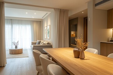 A photo of the interior dining room of a japandi, dining room with a dining table and chairs and a woody finish. Generative AI
