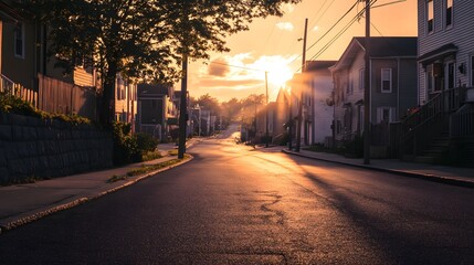 Fototapeta premium Golden Hour Serenity: Residential Street at Sunset