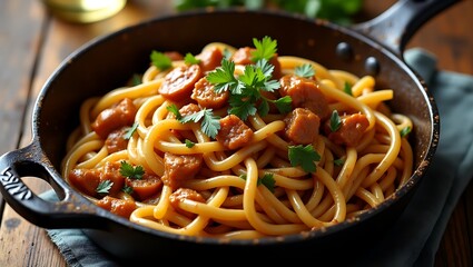 Delicious pasta dish warm tones rustic skillet