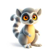 Obraz premium Lemur – 3D baby lemur, fluffy ringed tail, wide glowing eyes, small paws, pastel gray and yellow tones, white background. Generative AI