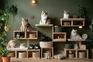 Fototapeta na wymiar Playful cats relaxing in a cozy indoor space cat furniture home environment whimsical vibe