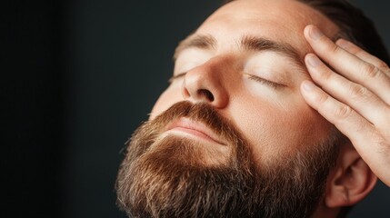 Obraz premium Close up of Man Applying Dark Facial Scrub, Relaxed Expression, Dark Background