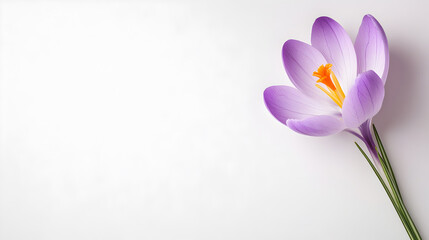 Naklejka premium Single purple crocus flower with bright orange center on clean white background great for spring graphics, floral branding or eco-friendly product visuals. Selective focus