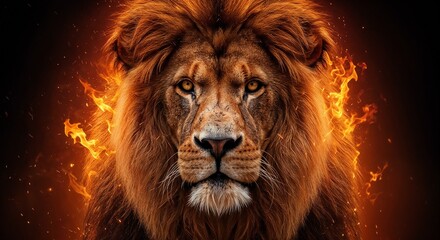 Majestic lion displaying strength against a fiery background  