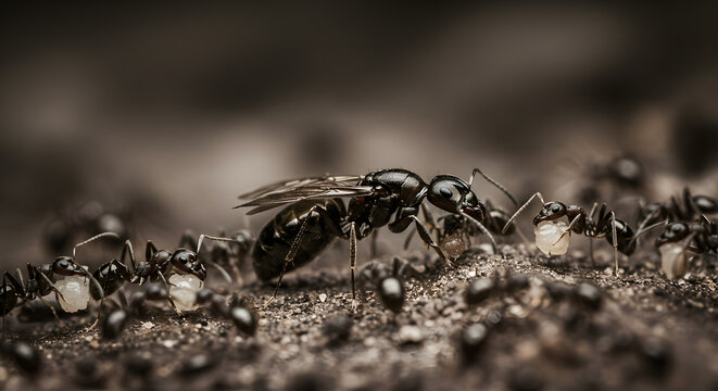 Queen ant alongside worker ants carrying larvae in a subterranean colony