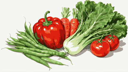Bright red bell peppers, green bell peppers, orange carrots, green yardlong beans, lettuce and kale, red tomatoes and small red cherry tomatoes isolated watercolor vector illustration svg