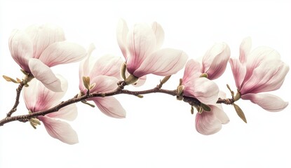 Obraz premium Magnolia Blossoms on a Branch Isolated against White Background in Soft Pink Hues for a Delicate and Elegant Floral Design