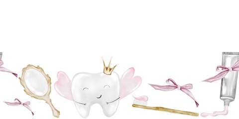 Baby tooth watercolor seamless border. Cute cartoon molar with crown on isolated white background. Dental clip art. Ideal for cards and invitations to the party baby's first tooth, posters in the