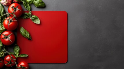 A red cutting board with fresh basil and ripe tomatoes.